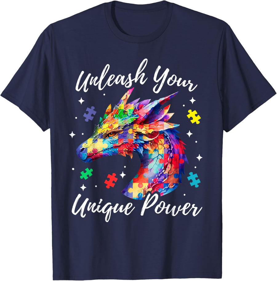 Autism Awareness Dragon Unleash Your Unique Power Tee Shirt For Kids - Navy Blue