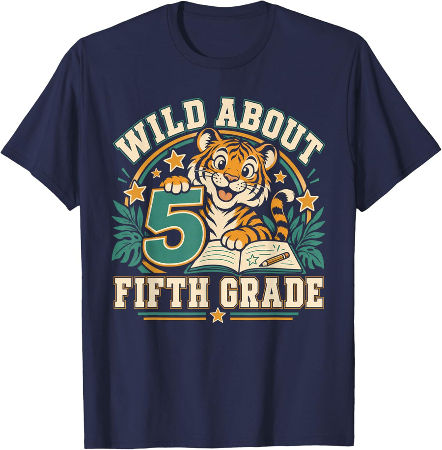 Wild About Fifth Grade Student Tiger Back to School T-Shirt - Navy Blue