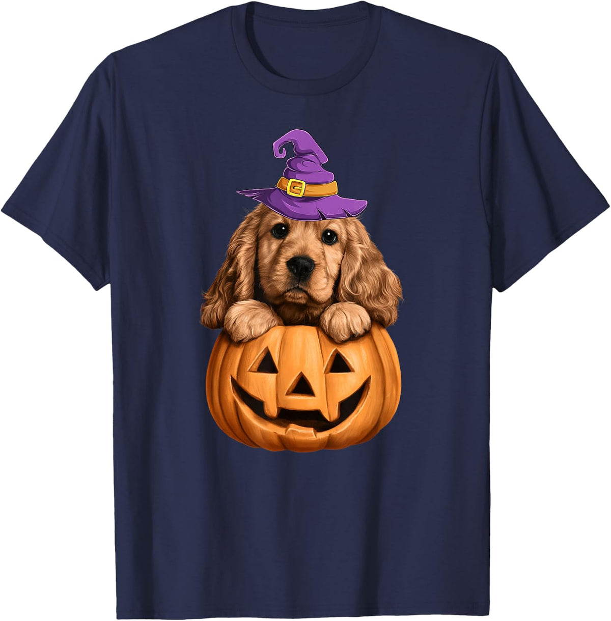 Cute Cocker Spaniel Witch Pumpkin Halloween Dog Lover T-Shirt - Navy Blue