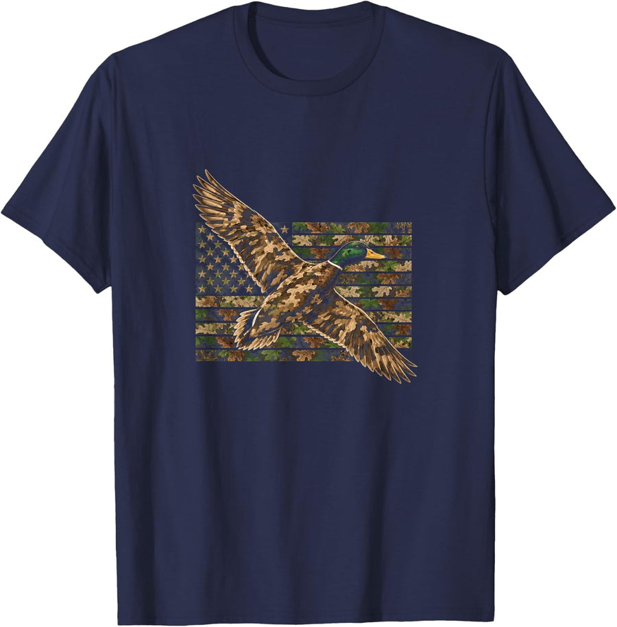 Camo American Flag Flying Wild Duck Hunting Waterfowl T-Shirt - Navy Blue