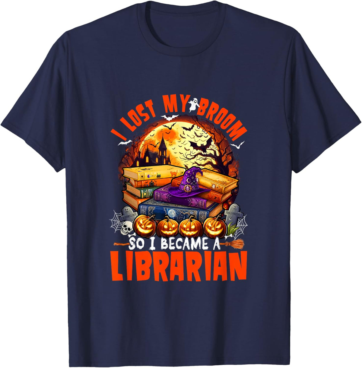 I Lost Broom So Became A Librarian Halloween Carved Pumpkin T-Shirt - Navy Blue