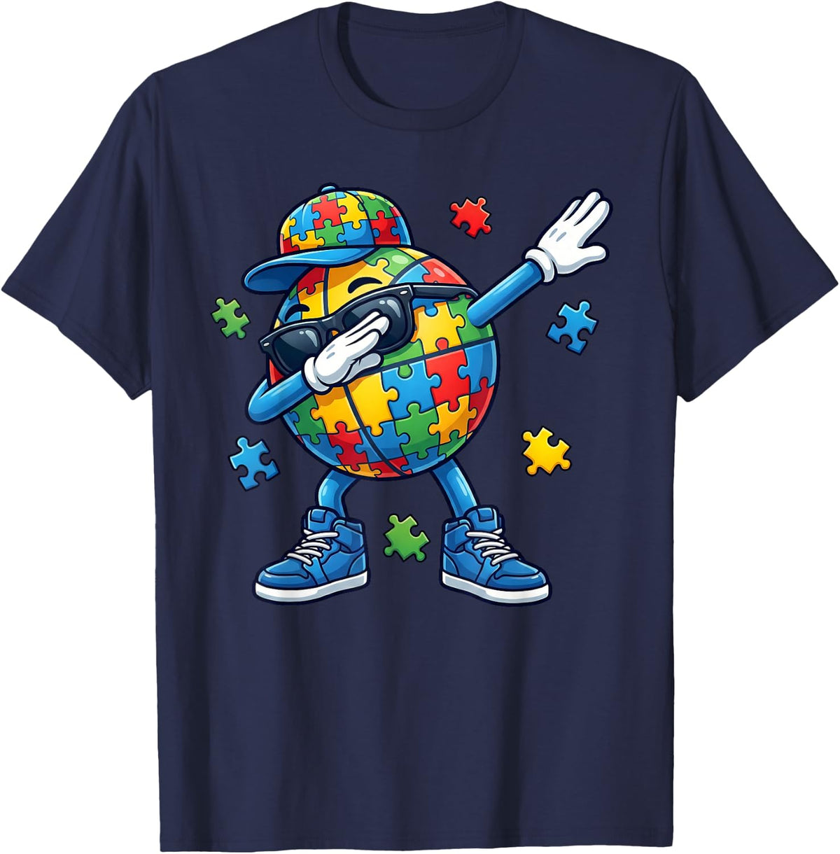 Dabbing Basketball Autism Awareness T-Shirt - Navy Blue