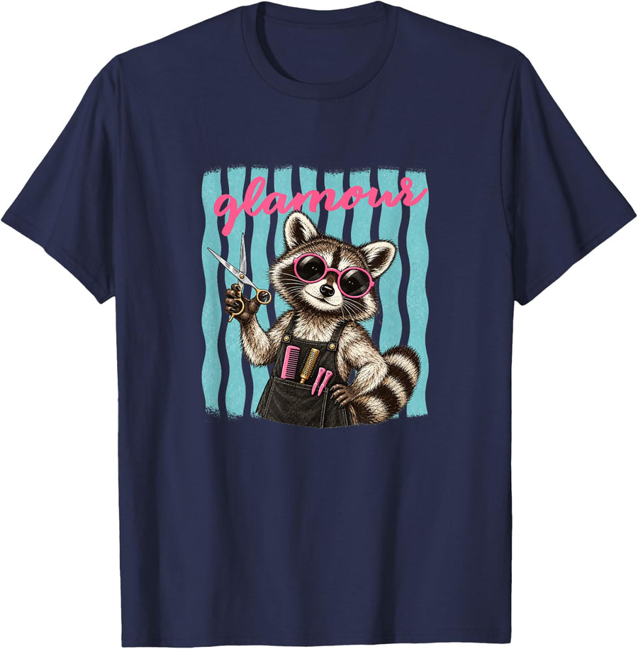 Hairdresser Raccoon Hairstylist Hair Salon Barber Glamous T-Shirt - Navy Blue
