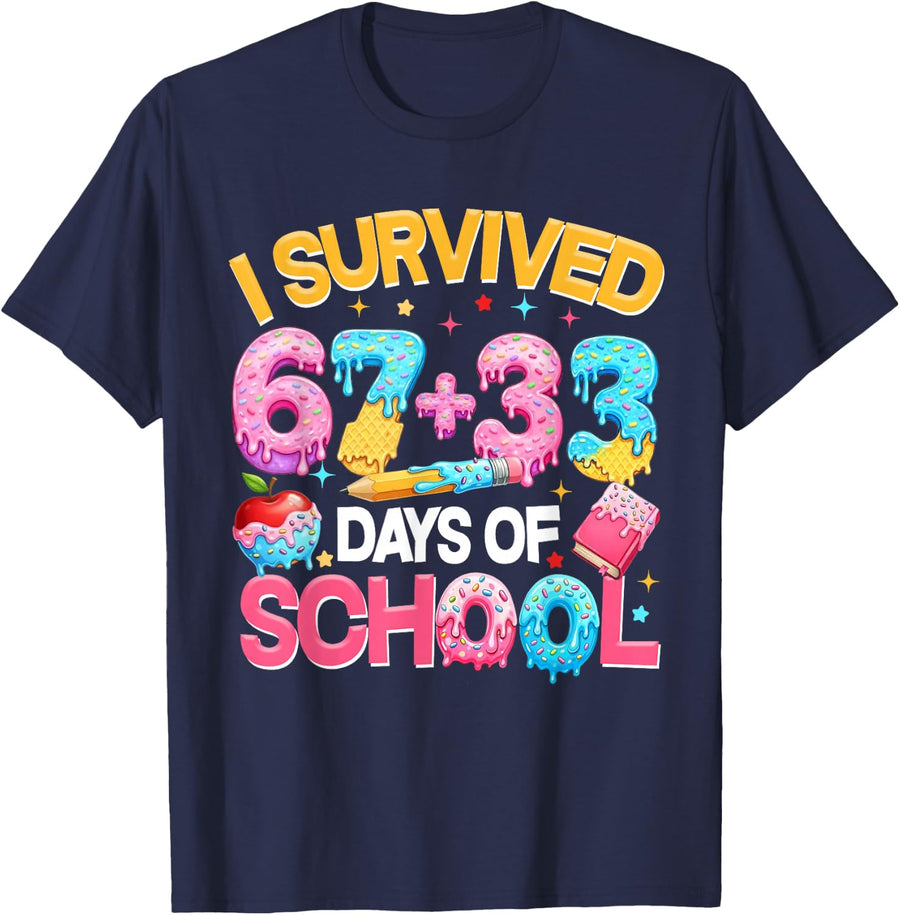 I Survived 67 33 Days of School Shirt for Boys Girls Kids 100th Day Tees T Shirts - Navy Blue