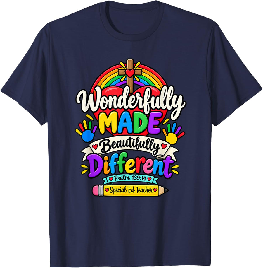 Christian Special Ed Teacher Wonderfully Made T-Shirt - Navy Blue