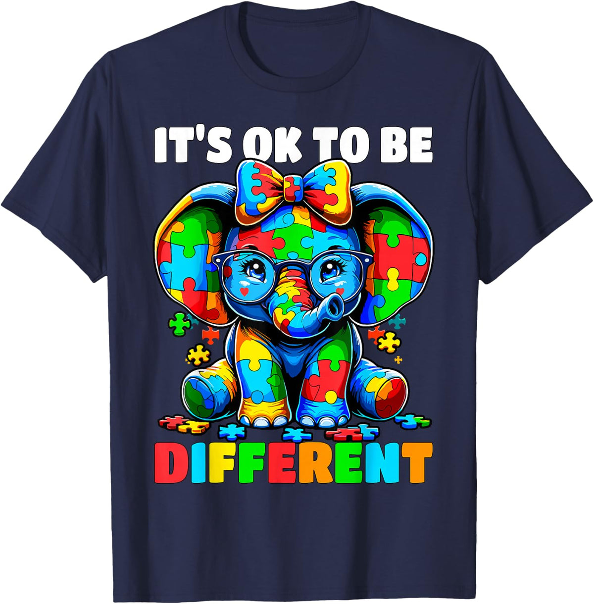 Autism Awareness It's ok to be Different Elephant T-Shirt - Navy Blue