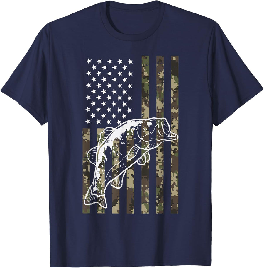 Fishing Camo American Flag Bass Patriotic Women Men Kids T-Shirt - Navy Blue