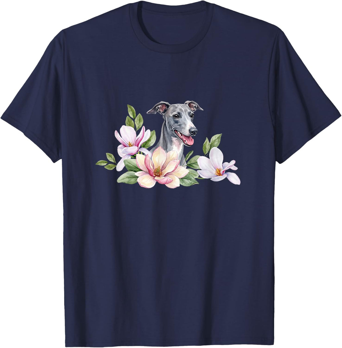 Italian Greyhound Dog Lover Watercolor Magnolia Floral T-Shirt - Navy Blue