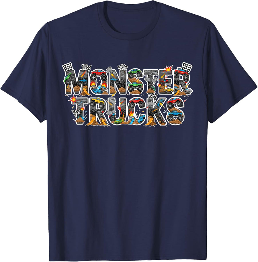 Monster Truck T Shirts for Boys Kids Tees Filled Text Design - Navy Blue
