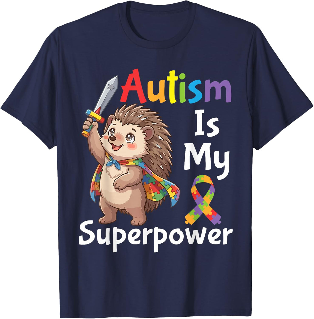 Autism is My Superpower Hedgehog Puzzle Cape Support Warrior T-Shirt - Navy Blue