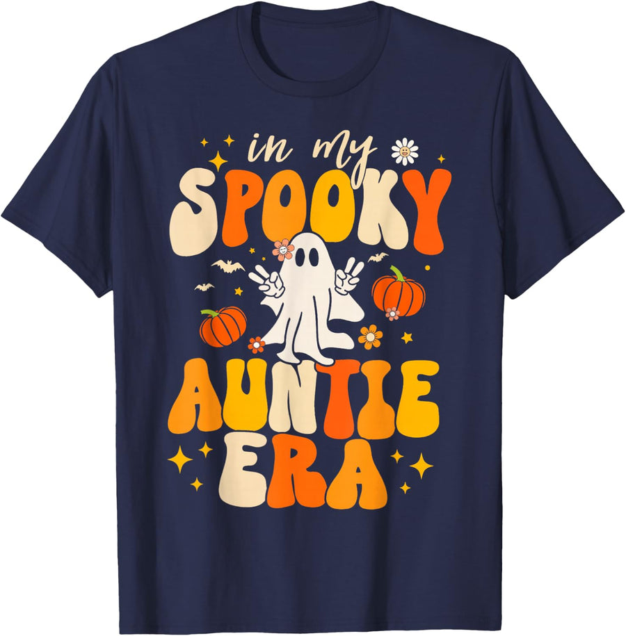 Retro in My Spooky Aunt Era Groovy Halloween Ghost Auntie T-Shirt Tee for Women - Navy Blue