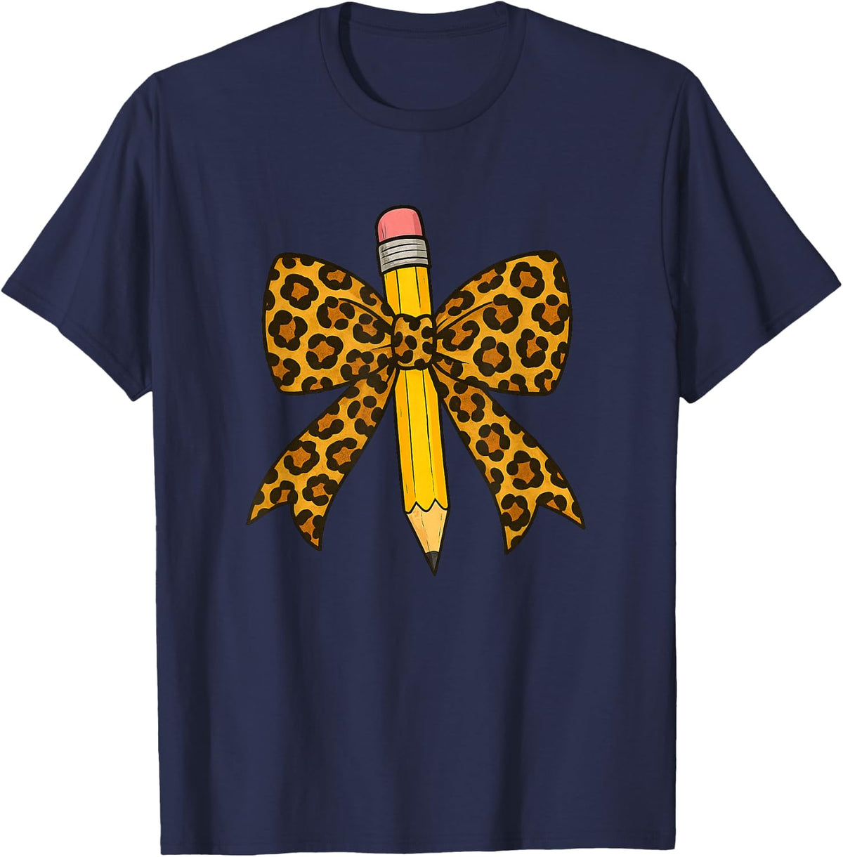 Bow Pencil Leopard First Day of School Back to School T-Shirt - Navy Blue