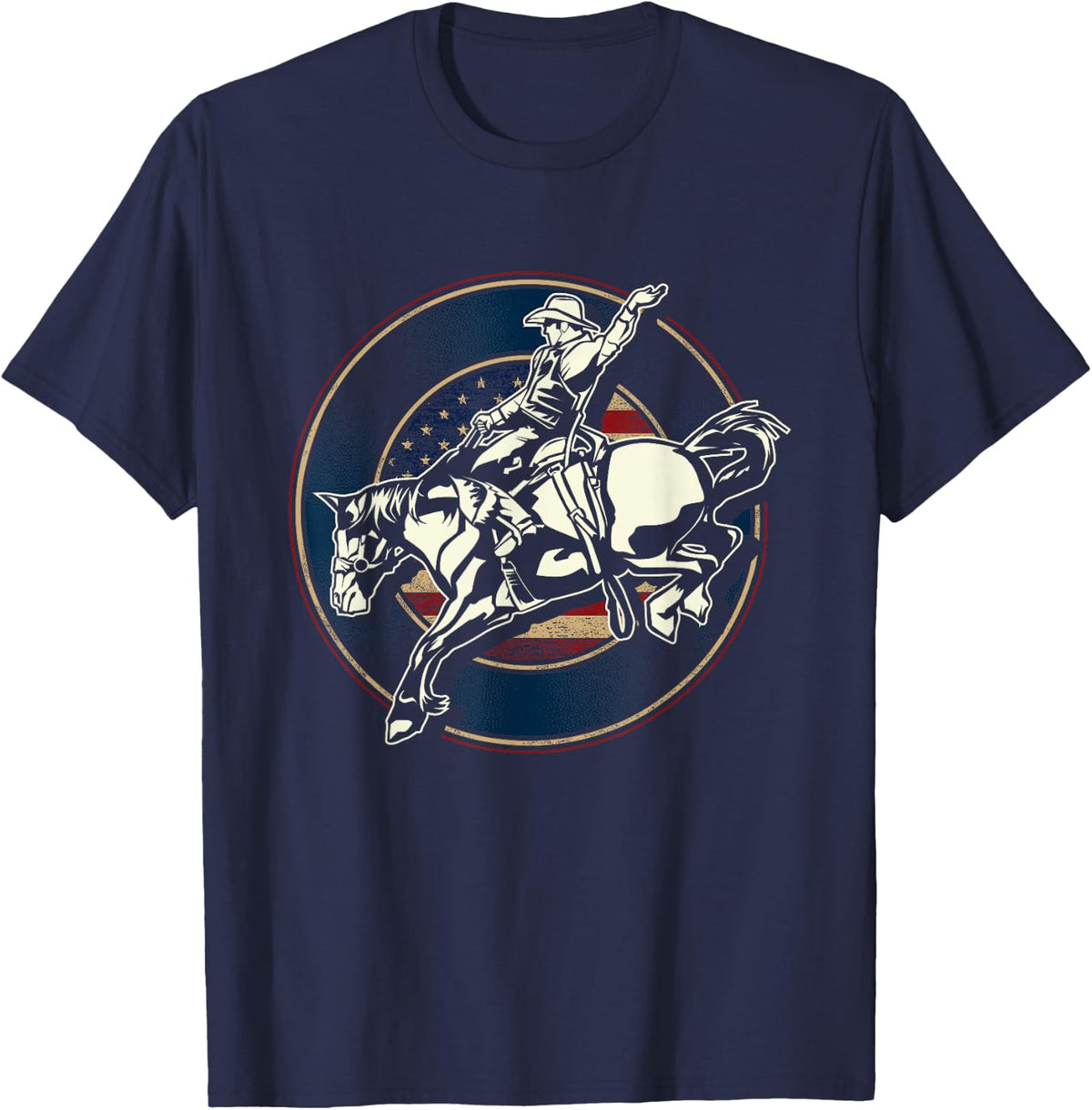 Rodeo Bull Rider Patriotic American Flag USA Cowboy Gift T-Shirt - Navy Blue