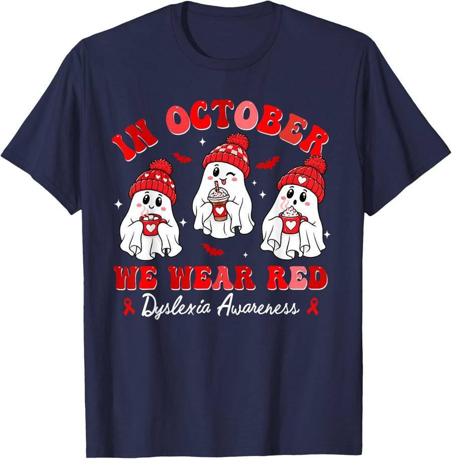 in October We Wear Red Ghost Dyslexia Awareness Teacher Sped T-Shirt - Navy Blue