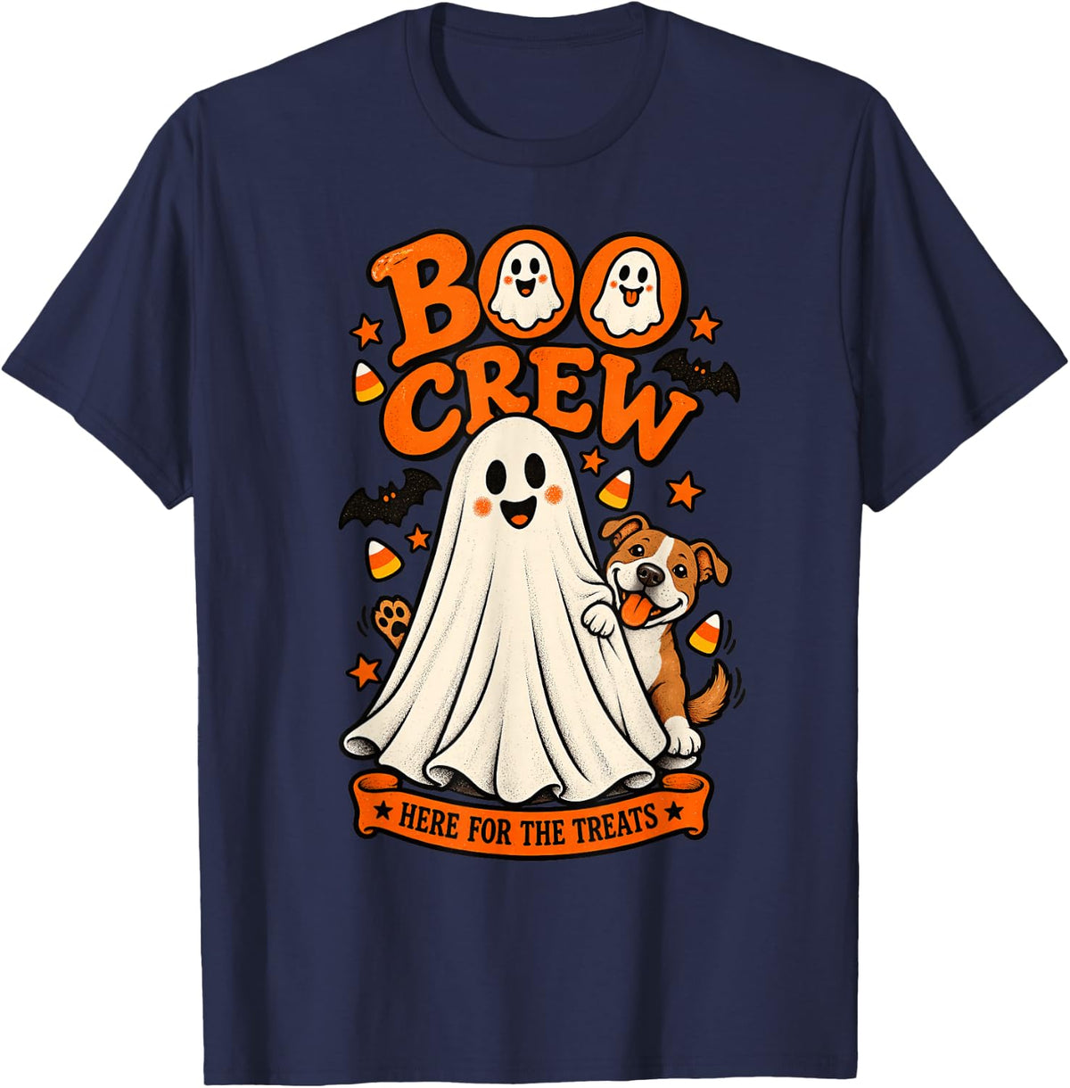 Pitbull Boo Crew Here for the Treats Halloween Animal Lover T-Shirt - Navy Blue