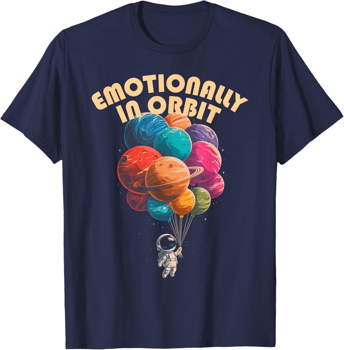 Emotionally in Orbit Cute Little Astronaut Floating in Space T-Shirt - Navy Blue