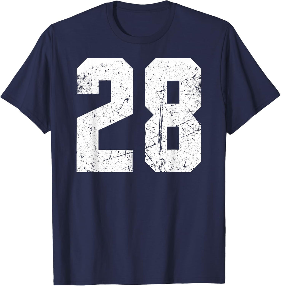 Vintage Number #28 White Sports Team Varsity Number T-Shirt - Navy Blue