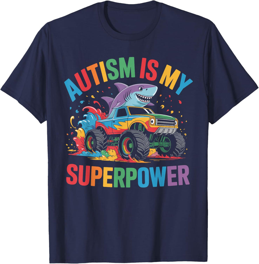 Autism Is My Superpower Shark Autistic Awareness T-Shirt Tee for Kids Youth - Navy Blue