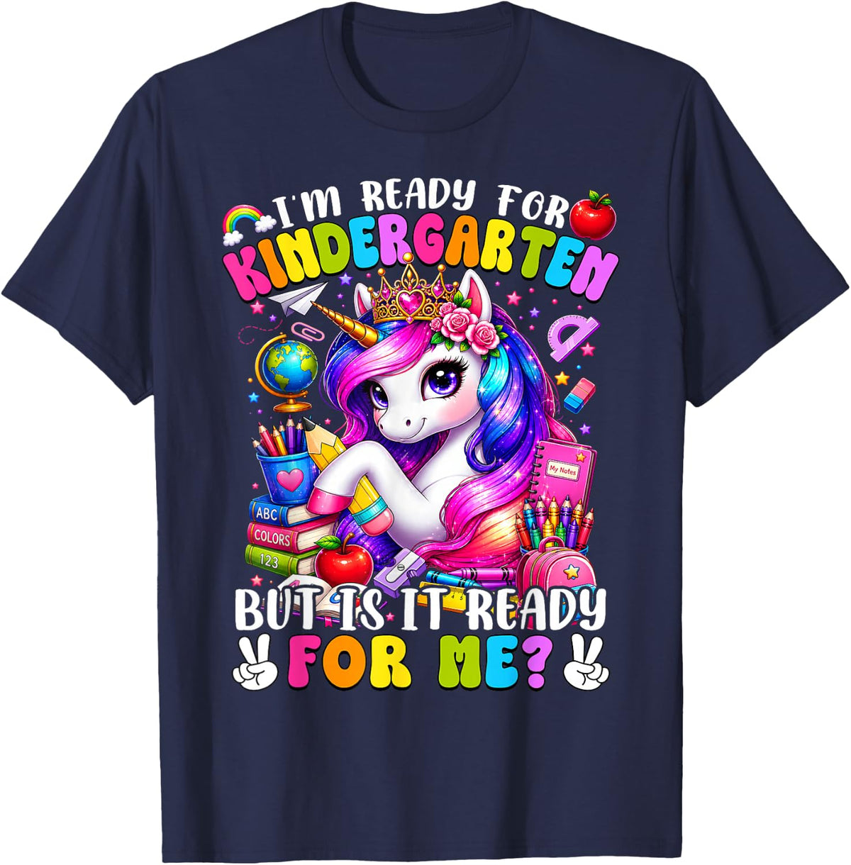 I'm Ready for Kindergarten Unicorn Back to School Shirt Girls Kids Tee T-Shirt - Navy Blue