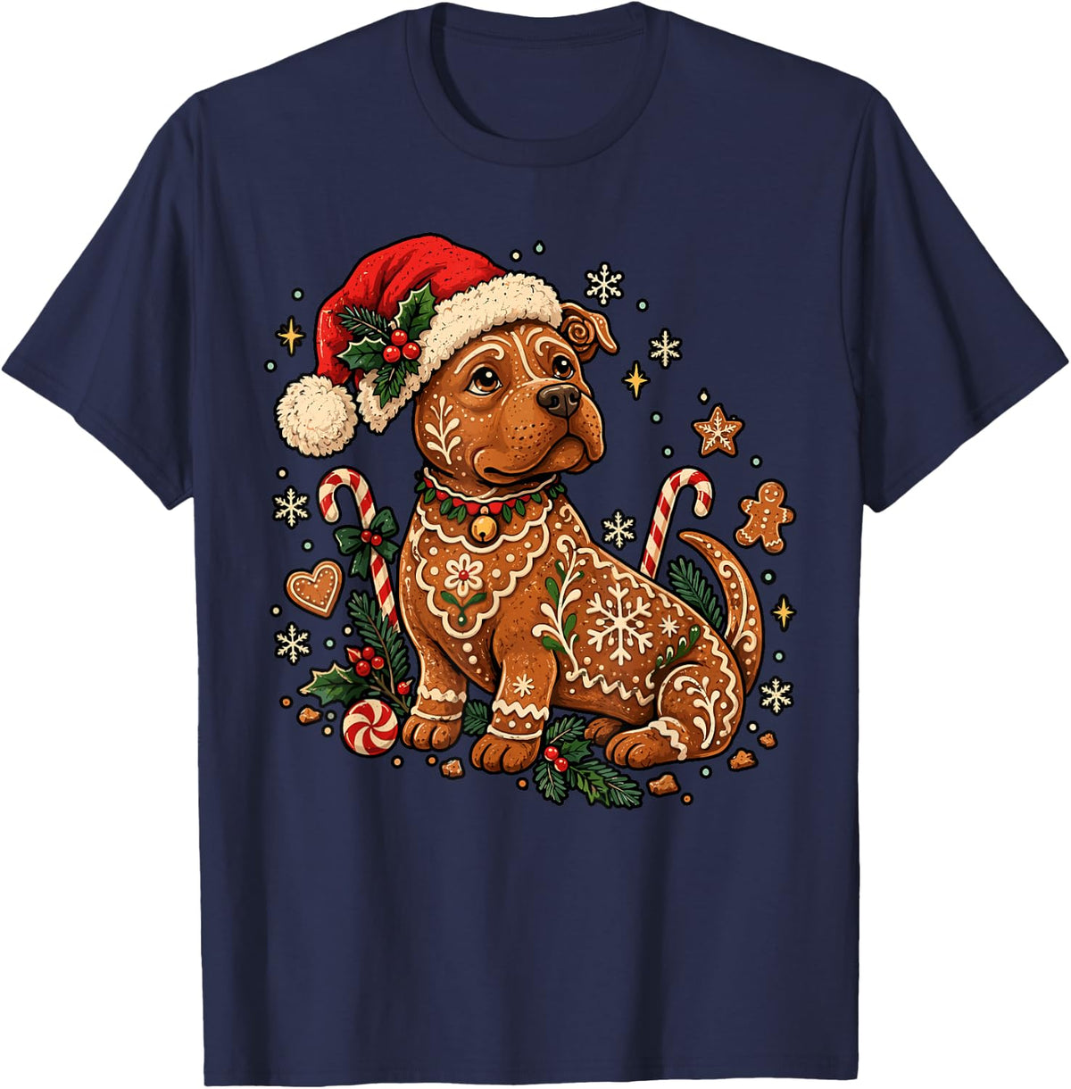 Pitbull Christmas Pajamas Shirt, Gingerbread Dog T-Shirt - Navy Blue