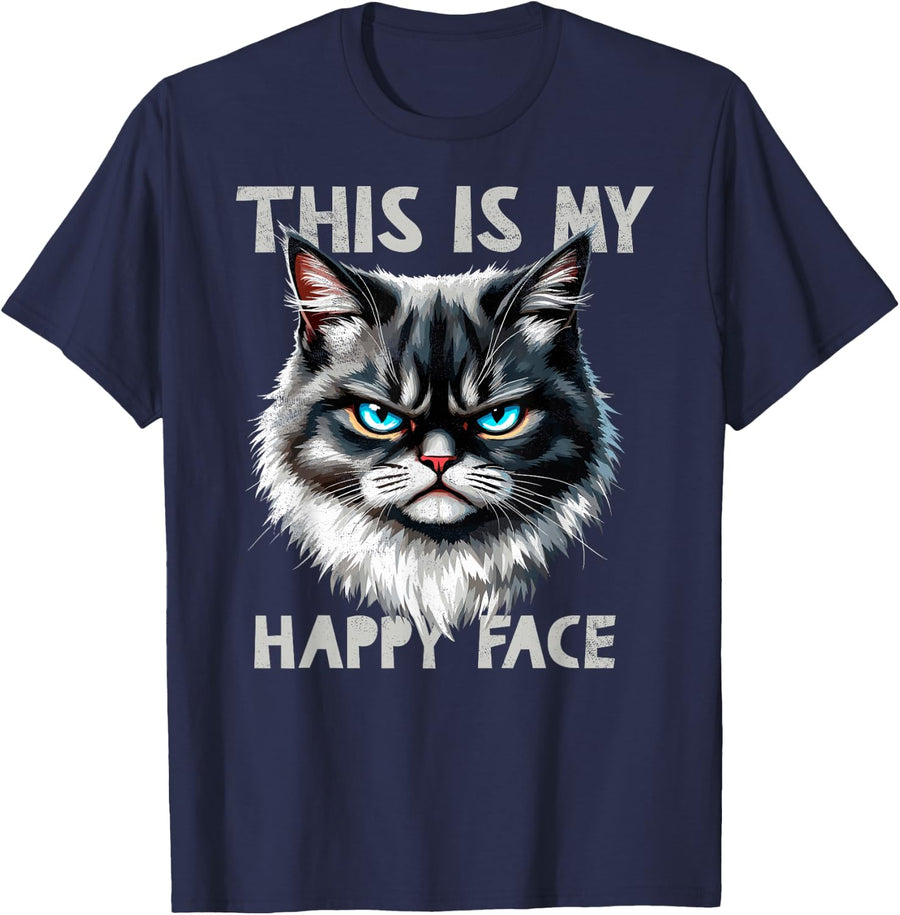 Angry Cute Kitty This is My Happy Face Sarcastic Cats Humor T-Shirt - Navy Blue