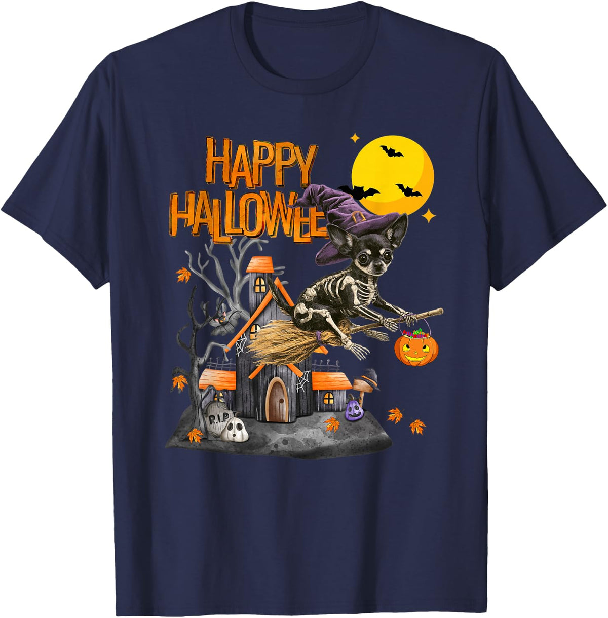 Funny Witch Chihuahua Spooky Dog Lover Halloween T-Shirt - Navy Blue