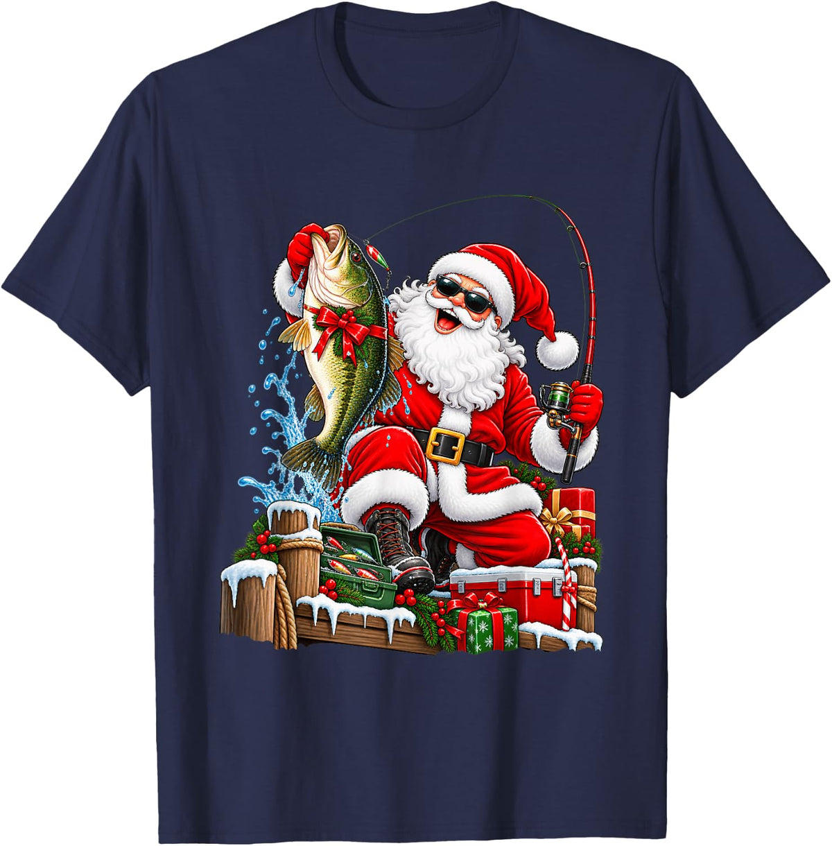 Santa Bass Fishing Christmas Funny Largemouth Bass Fisherman T-Shirt - Navy Blue