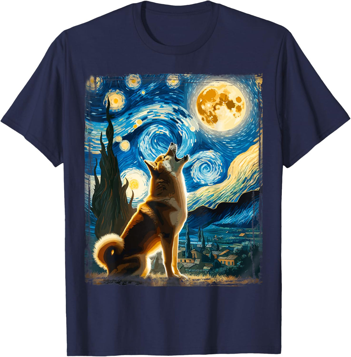 Shiba Inu Dog Canine Art Van Gogh Starry Night Shiba Inu T-Shirt - Navy Blue