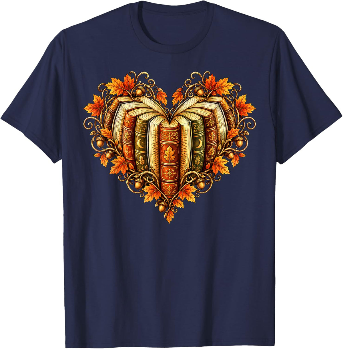 Book Lover Fall Reading Heart Librarian Teacher Women Kids T-Shirt - Navy Blue
