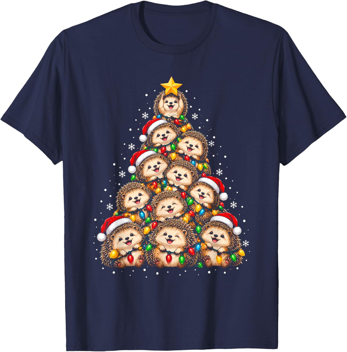 Hedgehog Christmas Tree Cute Woodland Animals T-Shirt - Navy Blue