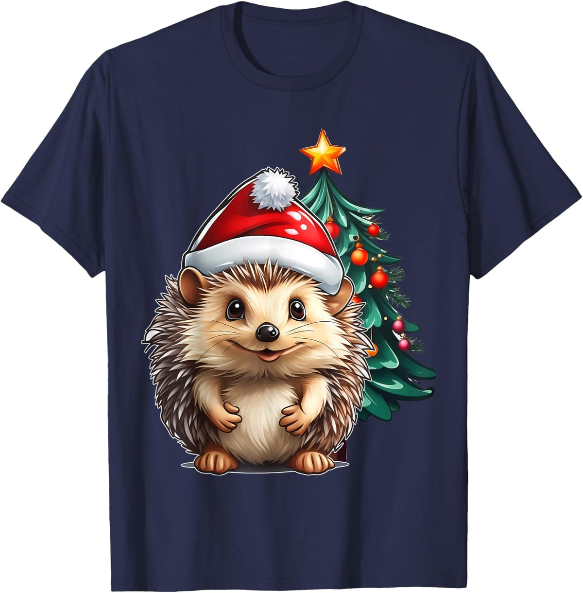 Aesthetic Christmas Hedgehog Santa Hat Xmas Tree Custom T-Shirt - Navy Blue