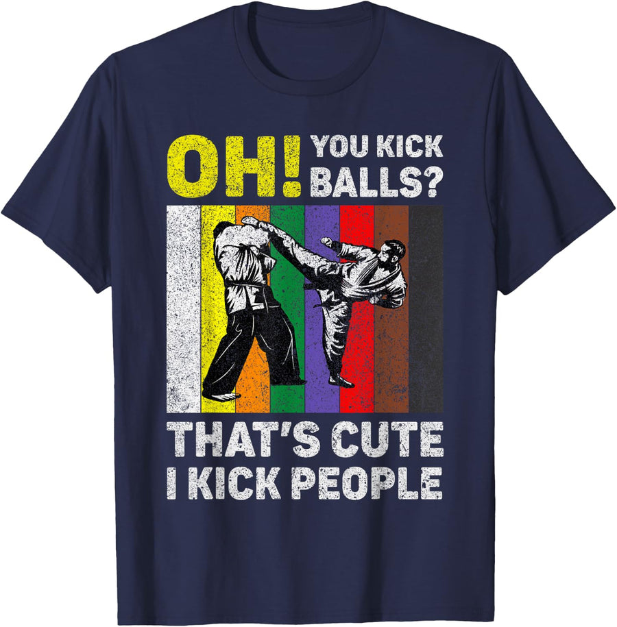 I Kick People Vintage Taekwondo Karate Tee T-Shirt for Martial Arts Fans - Navy Blue