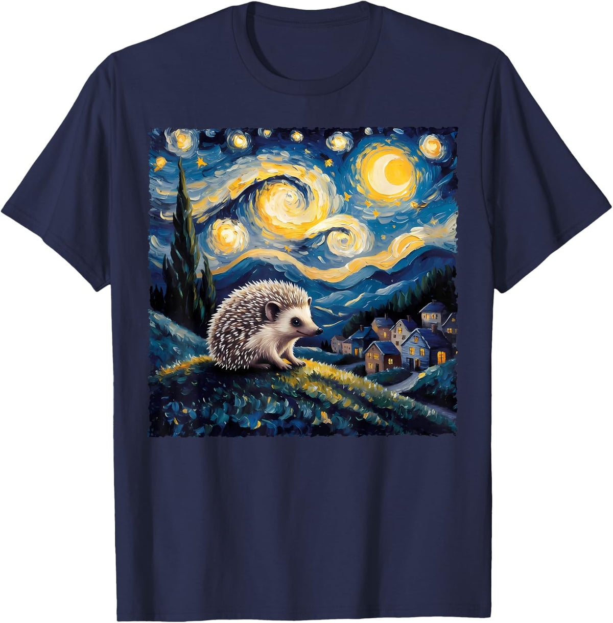 Van Gogh Style Funny Hedgehog Lover Starry Night Painting T-Shirt - Navy Blue