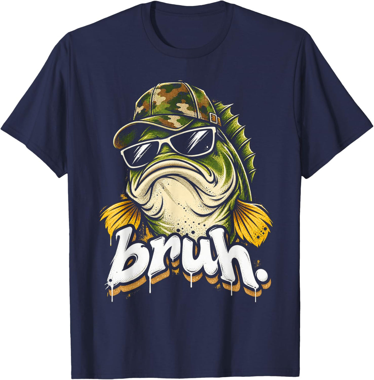 Bruh Bass Fishing Camo Funny Fish Boys Kids Youth T-Shirt - Navy Blue