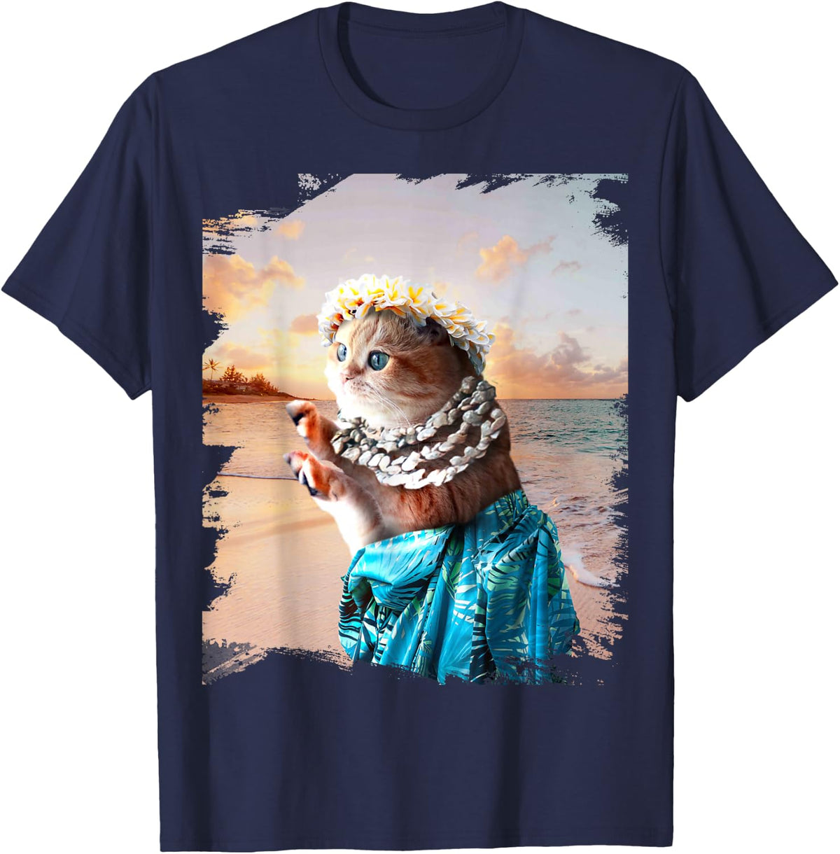 Funny Aloha Hawaiian Cat T-Shirt - Navy Blue