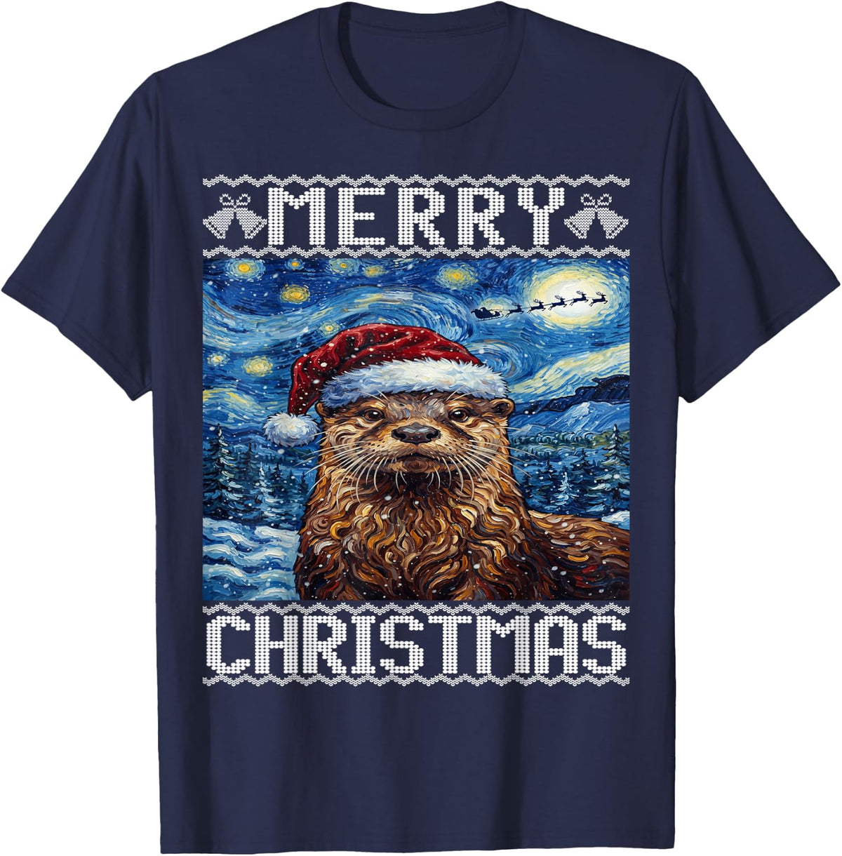 Otter Merry Christmas Ugly T-Shirt - Navy Blue