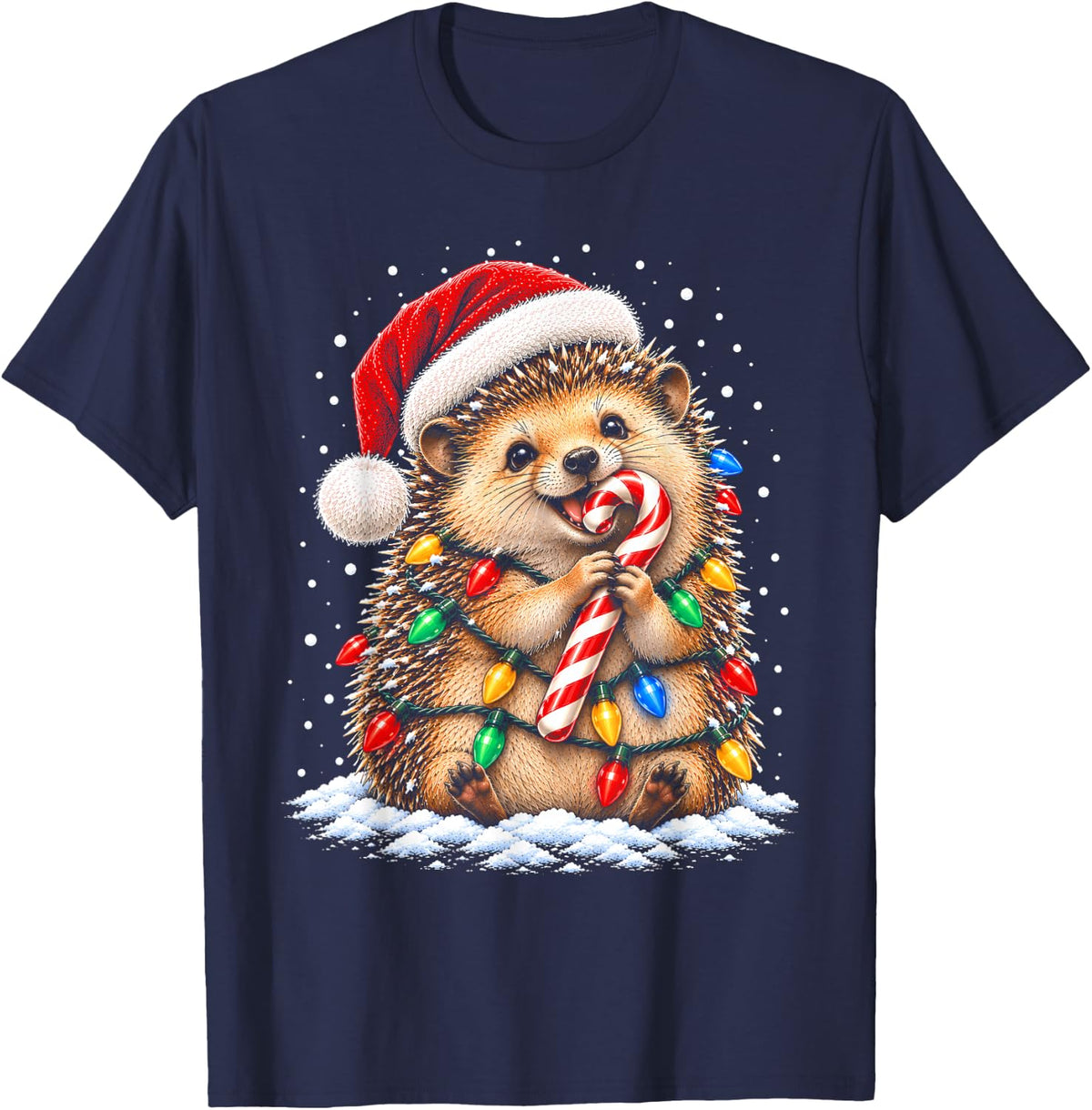 Cute Hedgehog Christmas Santa Hat T-Shirt - Navy Blue