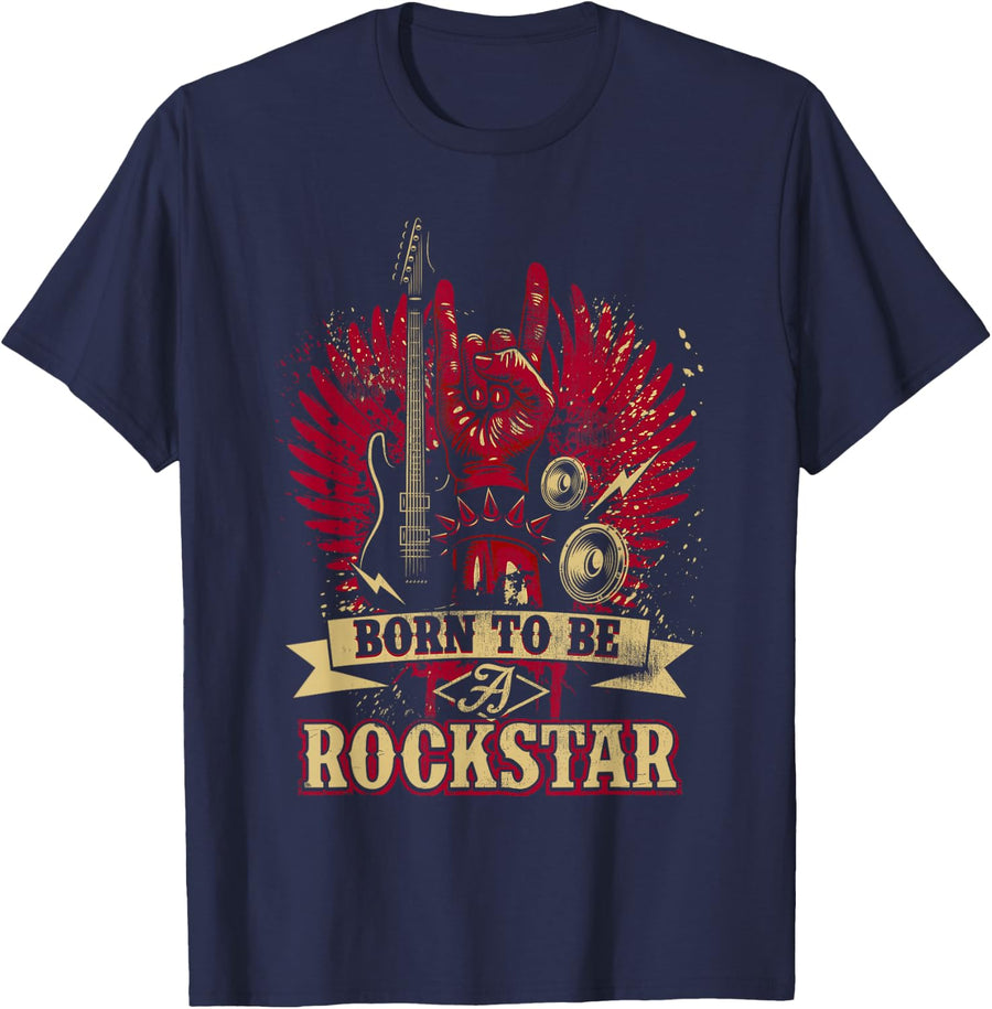 Born To Be Rock Star Hand Horns Band Member Music Lover T-Shirt - Navy Blue