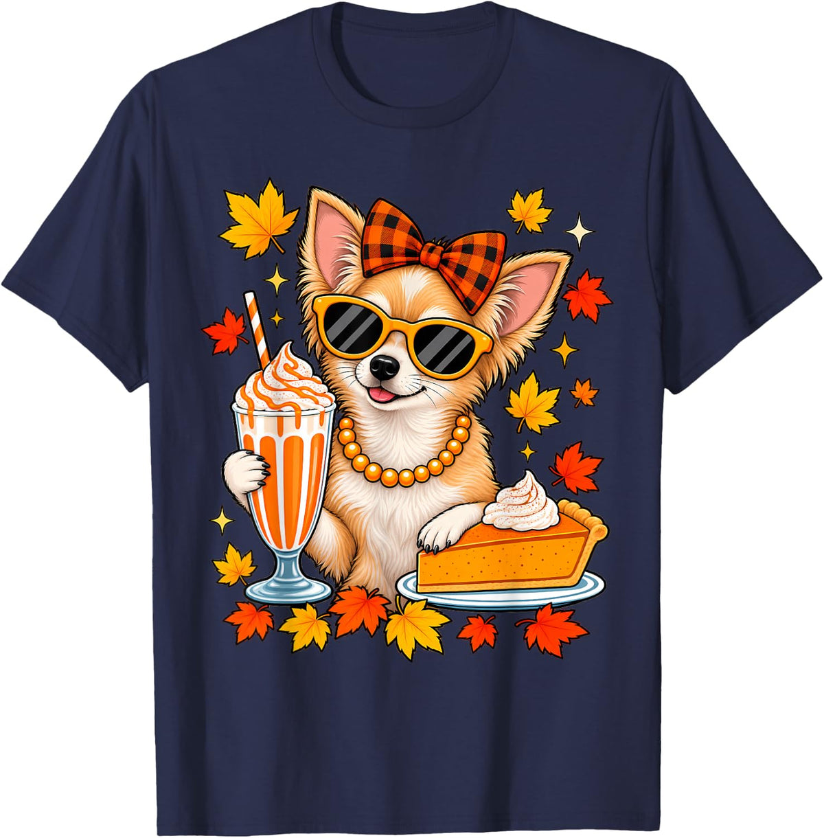Chihuahua Dog Bow Fall Autumn Leaves Thanksgiving T-Shirt - Navy Blue