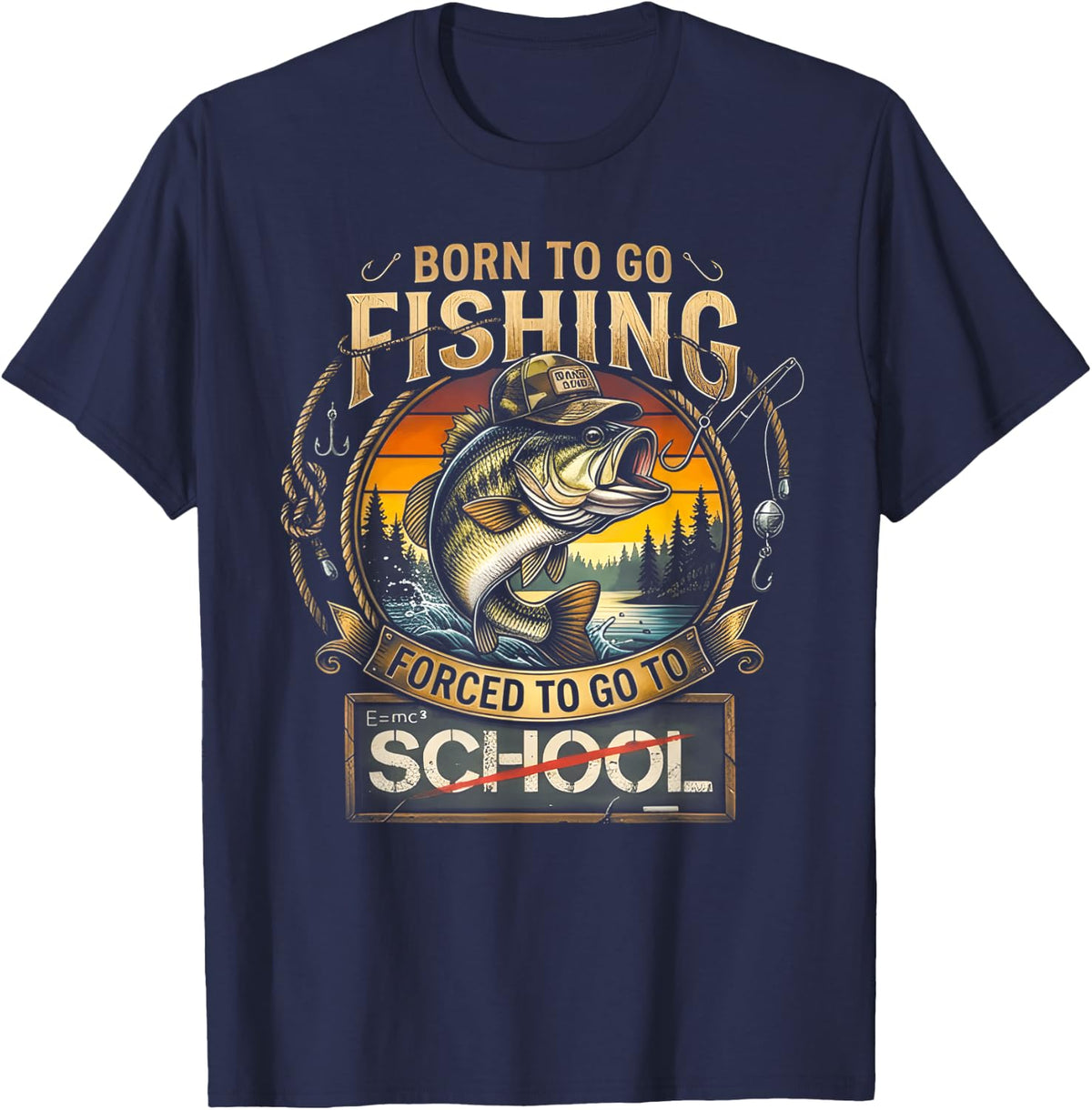 Born to Go Fishing Forced to Go to School Bass Angler T-Shirt - Navy Blue