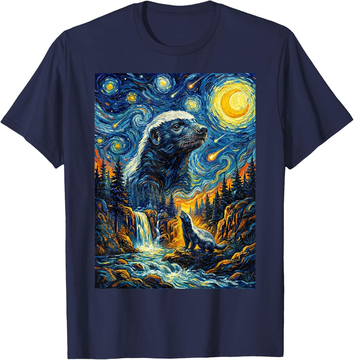 Honey Badger Howling to The Moon Meme Night Starry Style T-Shirt - Navy Blue