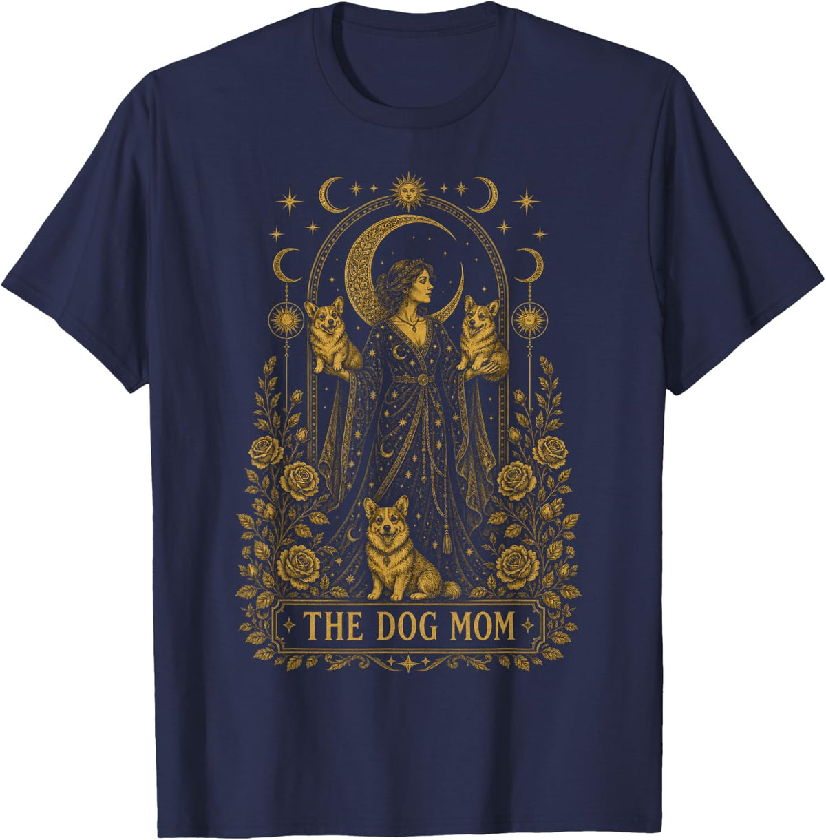 Corgi Tarot Card Dog Mom Celestial Mystical Goddess T-Shirt - Navy Blue