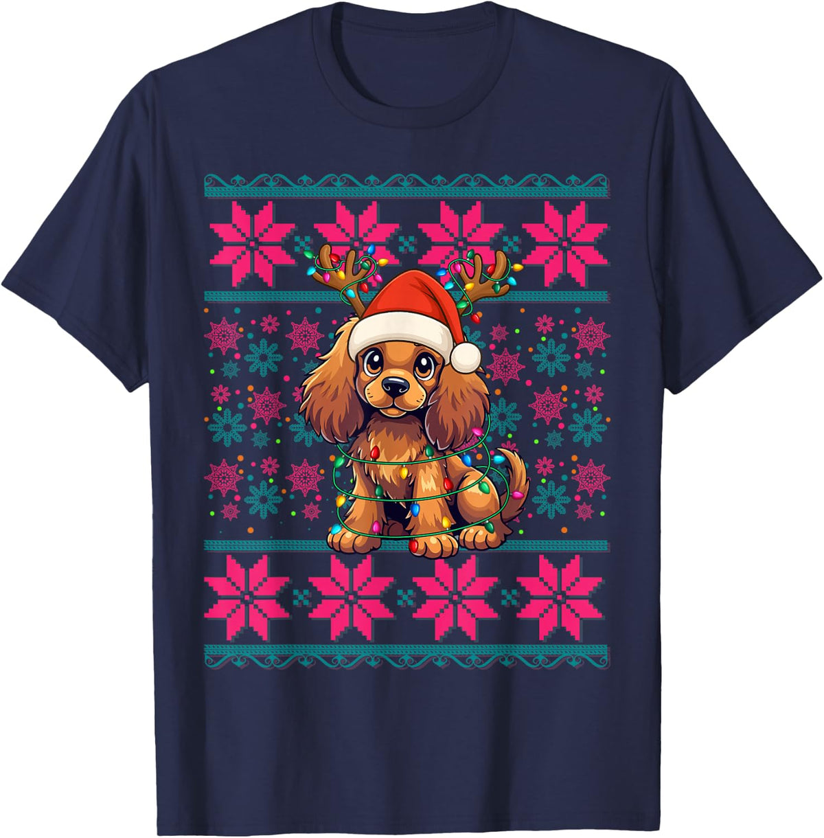 Reindeer Santa Ugly Christmas American Cocker Spaniel Dog T-Shirt - Navy Blue