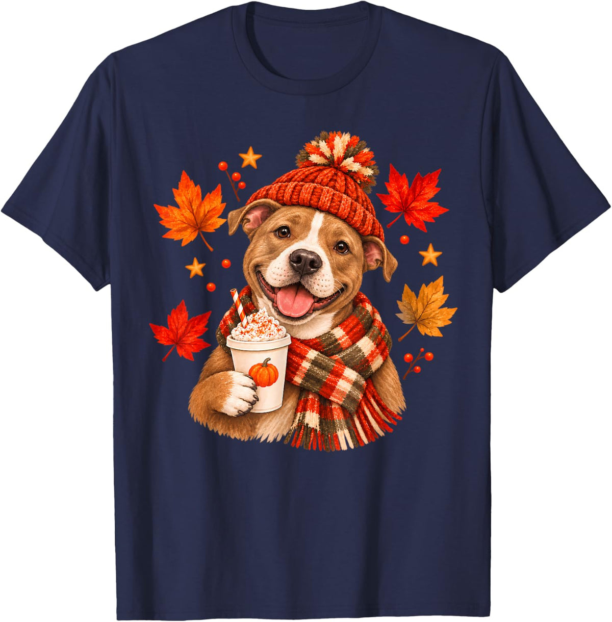 Cute Pitbull Pumpkin Fall Dog Lovers Women Mom Thanksgiving T-Shirt - Navy Blue