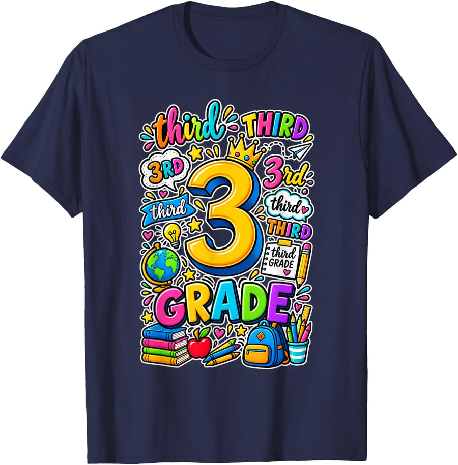 3rd Grade Typography Team Teacher Back to School T-Shirt - Navy Blue