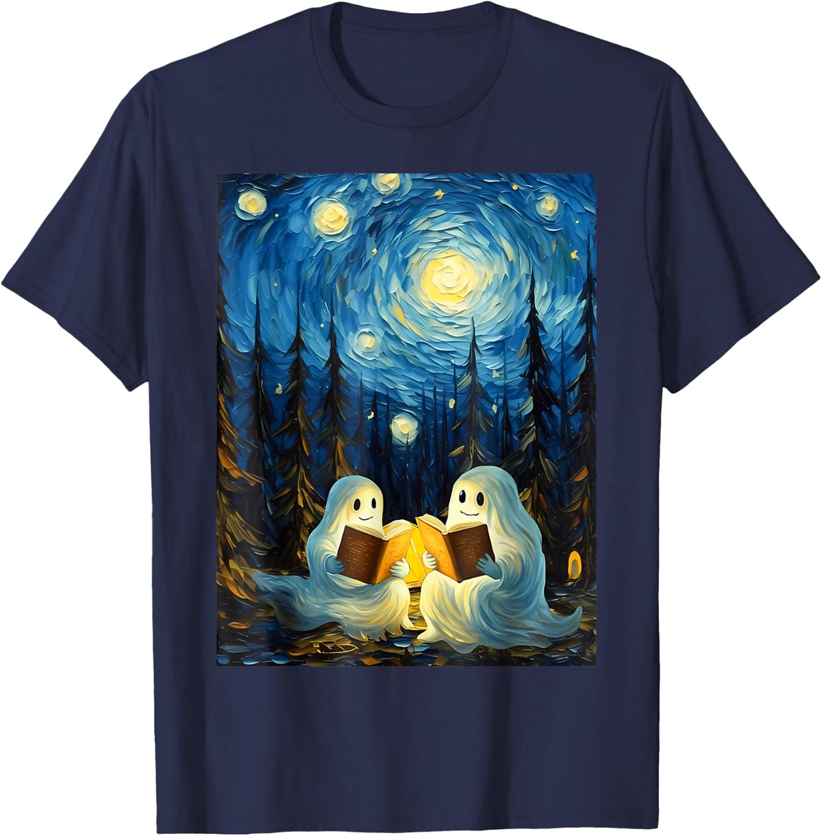 Van Gogh Starry Night Ghost Book Reading Camping Halloween T-Shirt - Navy Blue