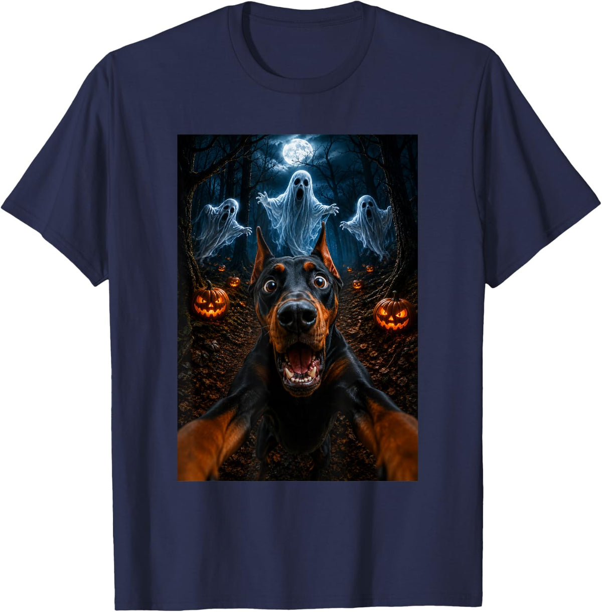 Doberman Pinscher Dog Selfie with Boo Ghost Spooky Halloween T-Shirt - Navy Blue