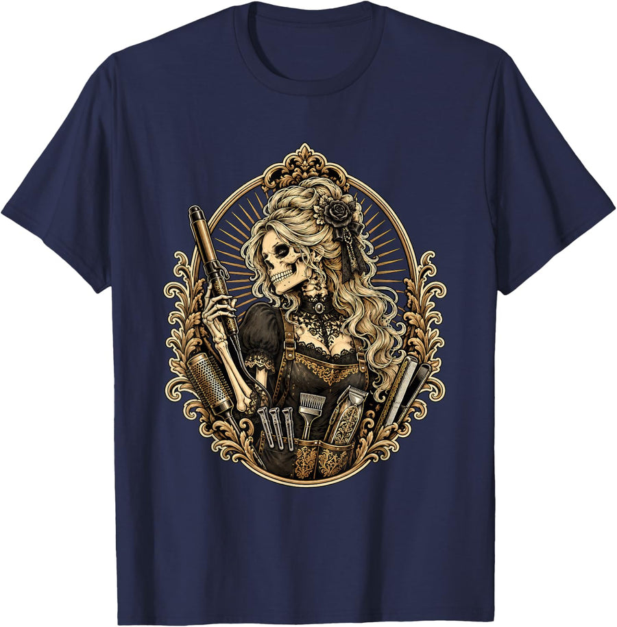 Hairdresser Gothic Skeleton Hairstylist Halloween Barber T-Shirt - Navy Blue