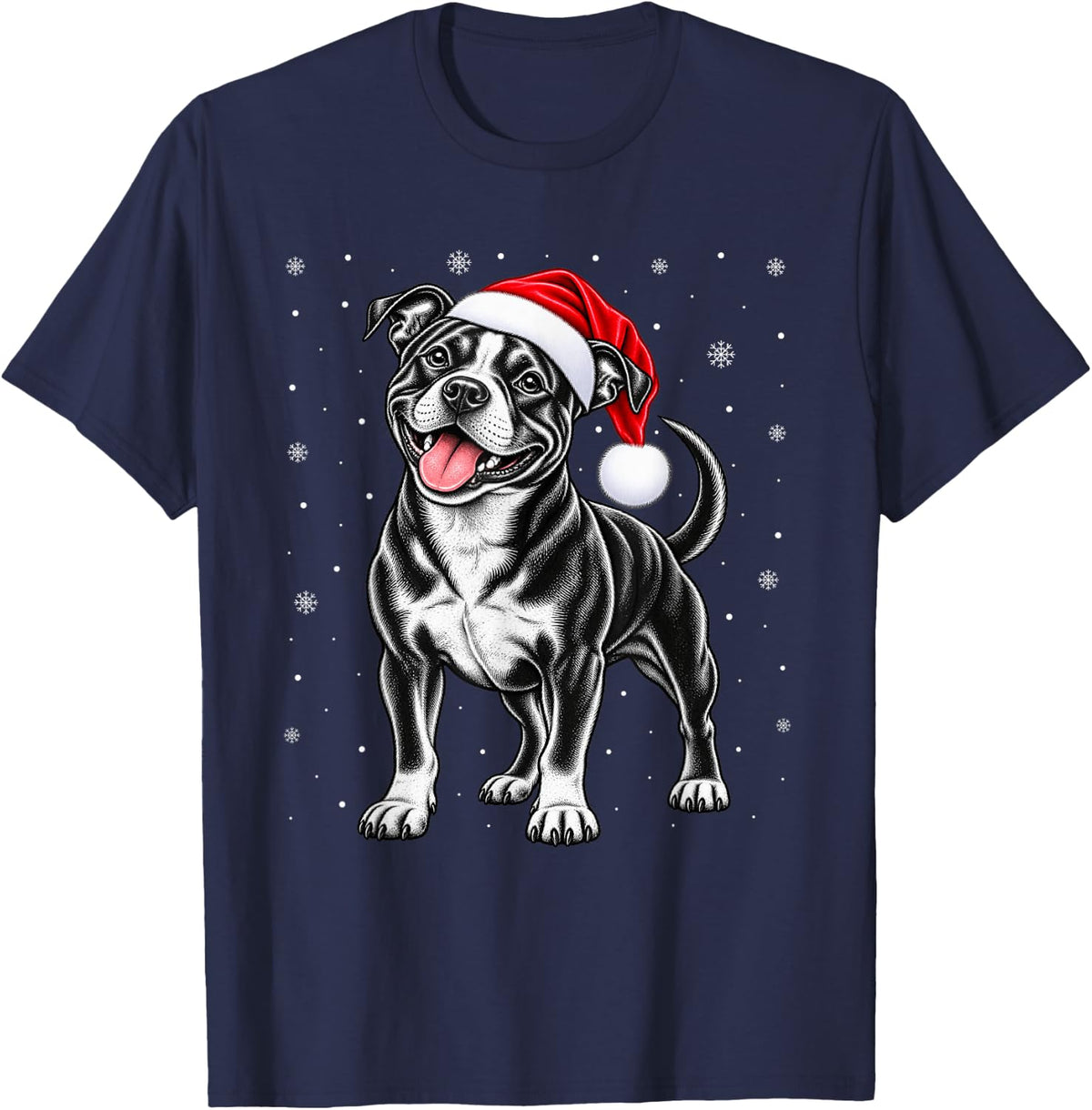 Pitbull Christmas Santa Hat Snowflakes Holiday Dog T-Shirt - Navy Blue