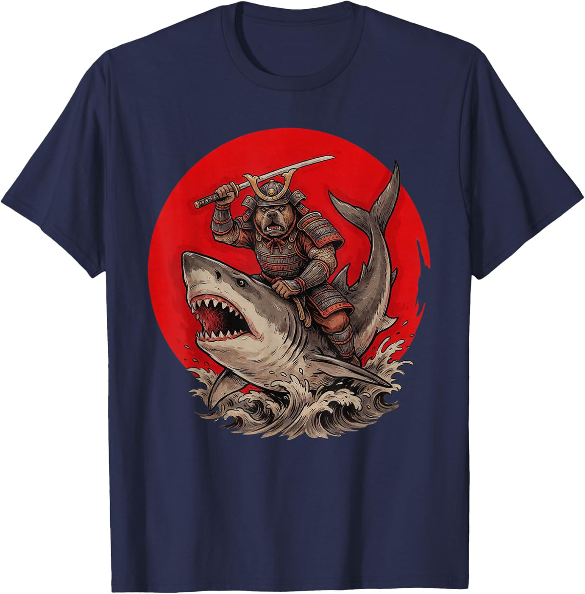 Samurai Pitbull Riding Shark Japanese Art Red Sun Pit Bull T-Shirt - Navy Blue